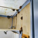 A shower stall with mold growing in it.